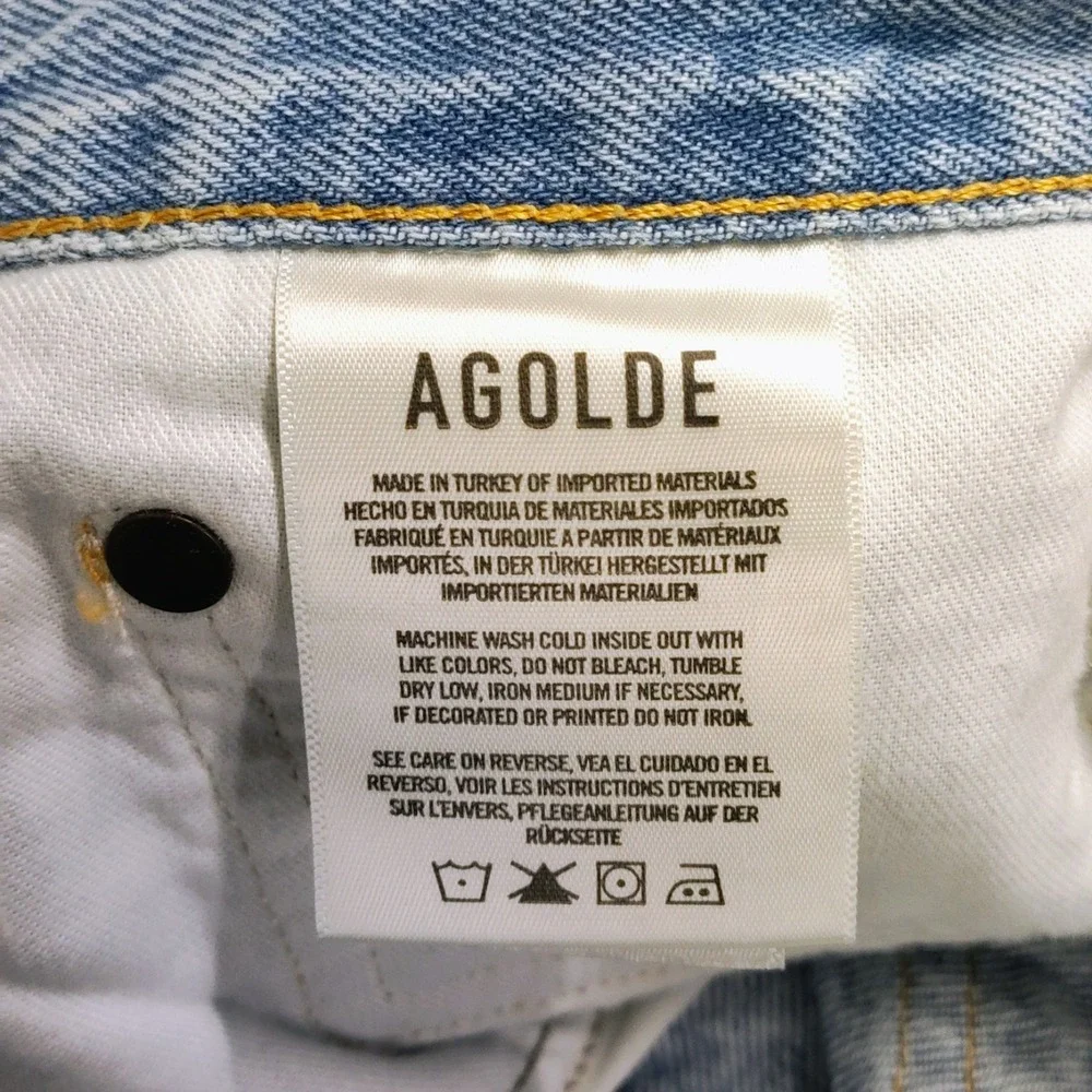 AGOLDE Parker Long Cut Off Jean Shorts 32 High Rise Button Fly Festival Denim